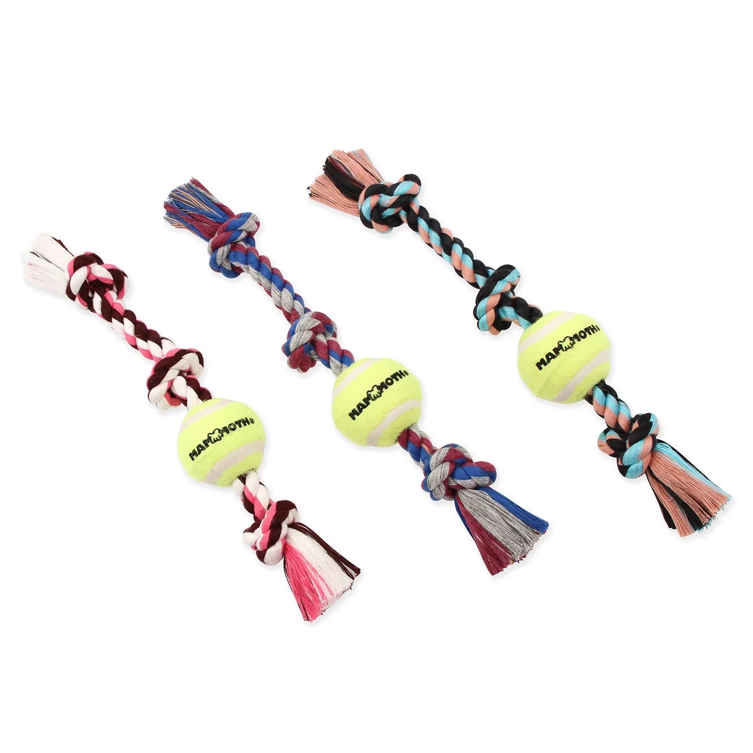 Flossy Chews Cottonblend 3 Knot Tug Rope Dog Toy W 3” Tennis Ball, Medium 20", Asst Colors