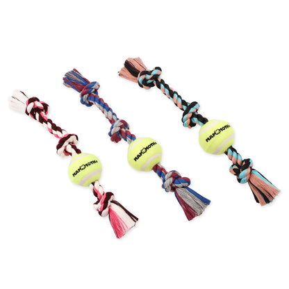 Flossy Chews Cottonblend 3 Knot Tug Rope Dog Toy W 3” Tennis Ball, Medium 20", Asst Colors