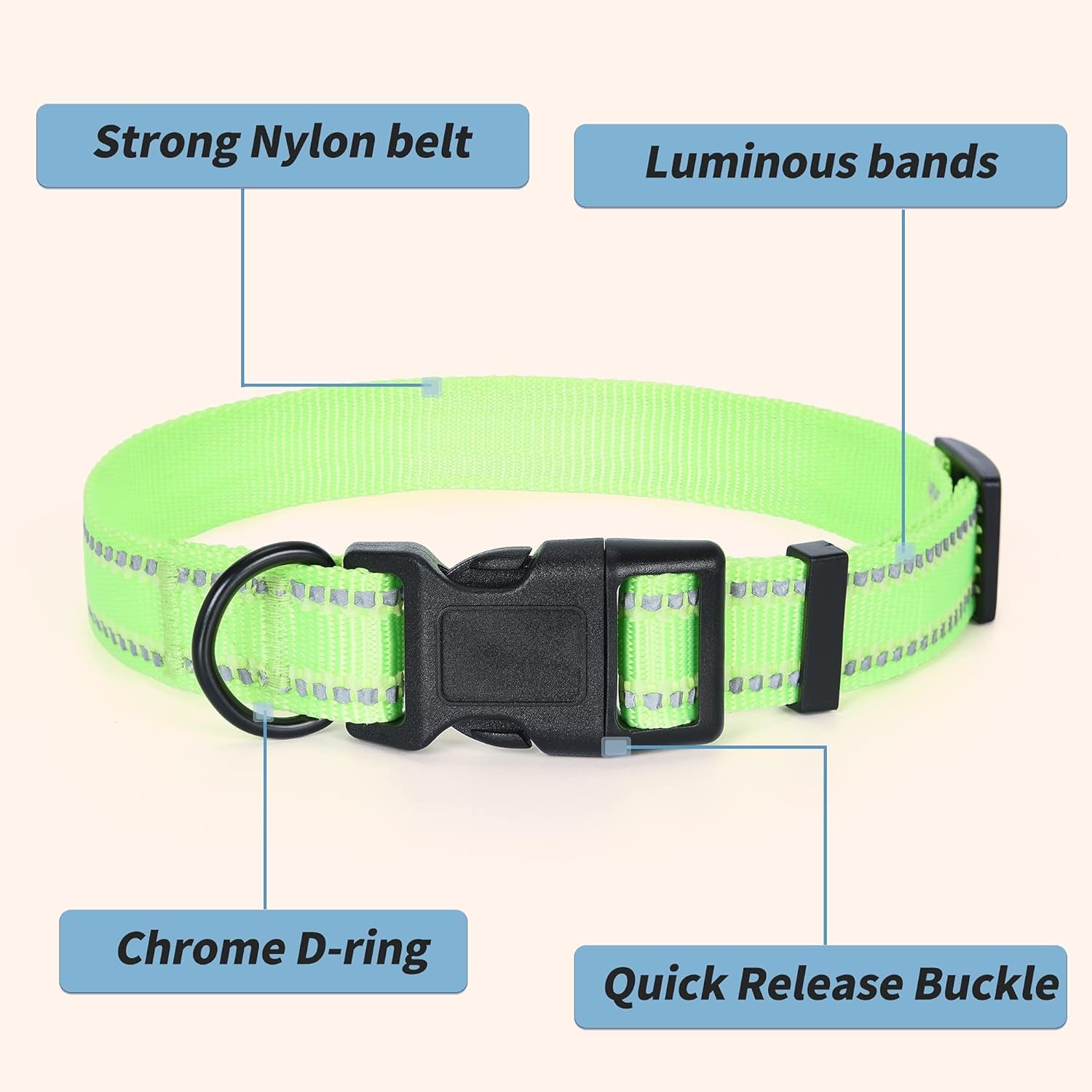 | Nylon Night Light Glow Collar for Medium Dogs | Reflective Band Cat Collar | Fluorescence Self-Luminescence Strap Puppy Collar | Safe Night Walk Collars for Dogs (Lime, S)