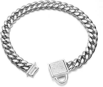 Dog Chain Collar Silver Cuban Link Bling Collar 10Mm Wide Stainless Steel Collar with CZ Diamond Lock Collar for Large Medium Small Dogs (10Mm Silver,10Inch)