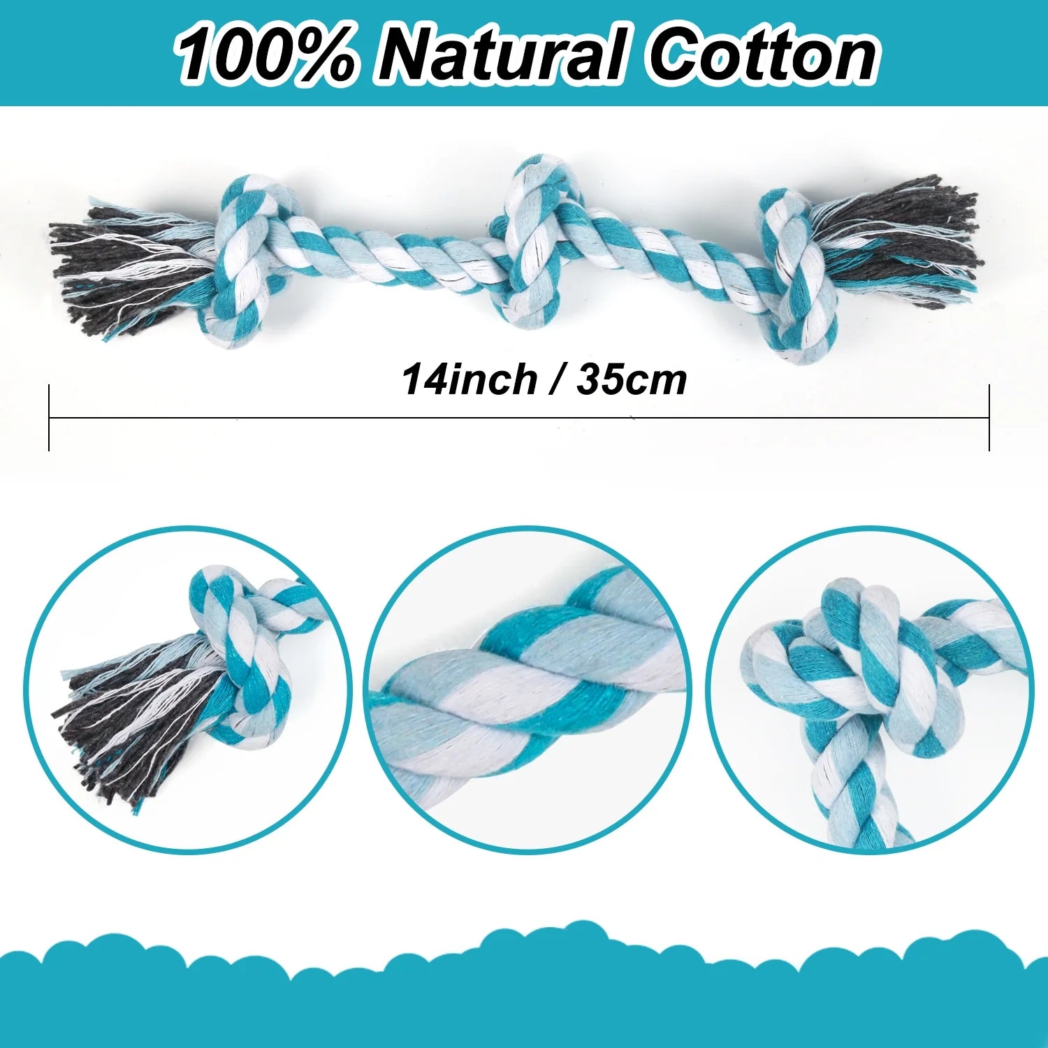 Vivifying Dog Rope Toys, 3 Knots Durable Braided Cotton Pet Chew Rope Toys for Dog Cat Puppy Teeth Cleaning(Blue) , Best Gift for Your Pet