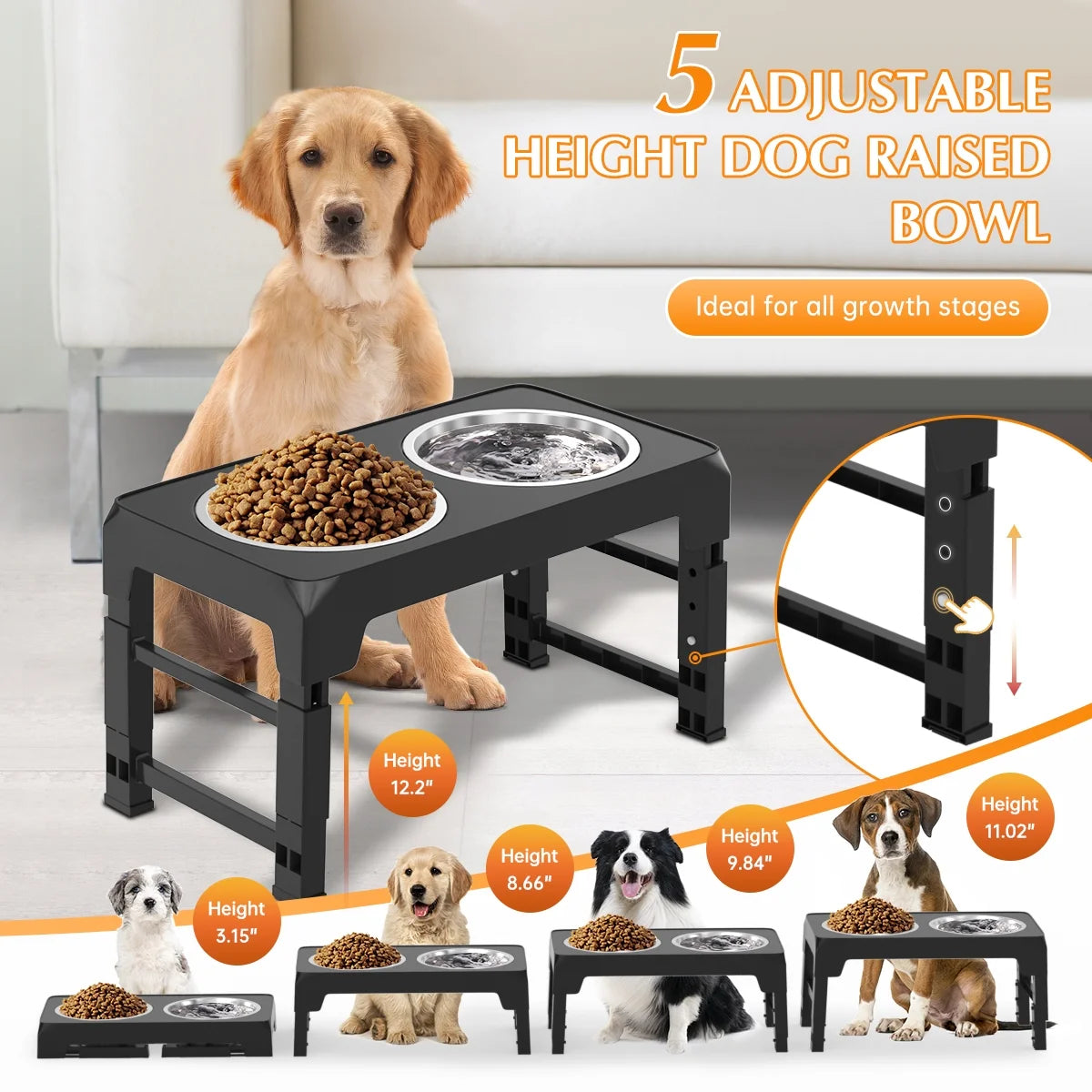 Elevated Dog Bowls, 5 Adjustable Heights Raised Dog Bowl, Dog Bowl Stand with 2 Thick 42Oz Stainless Steel Dog Food Bowls for Small Medium Large Dogs Cats, Black