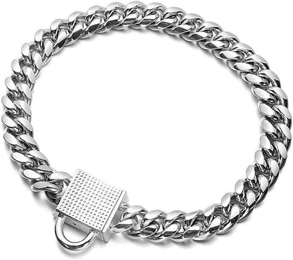 Dog Chain Collar Silver Cuban Link Bling Collar 10Mm Wide Stainless Steel Collar with CZ Diamond Lock Collar for Large Medium Small Dogs (10Mm Silver,10Inch)