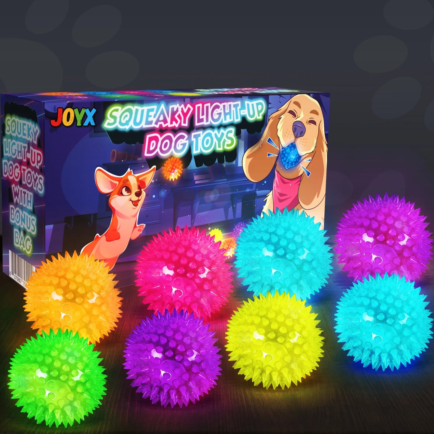 Squeaky Dog Toys LED Light-Up Balls 8 Pack with Storage Bag Fun Toys for Kids, Dogs and Cats Gifts