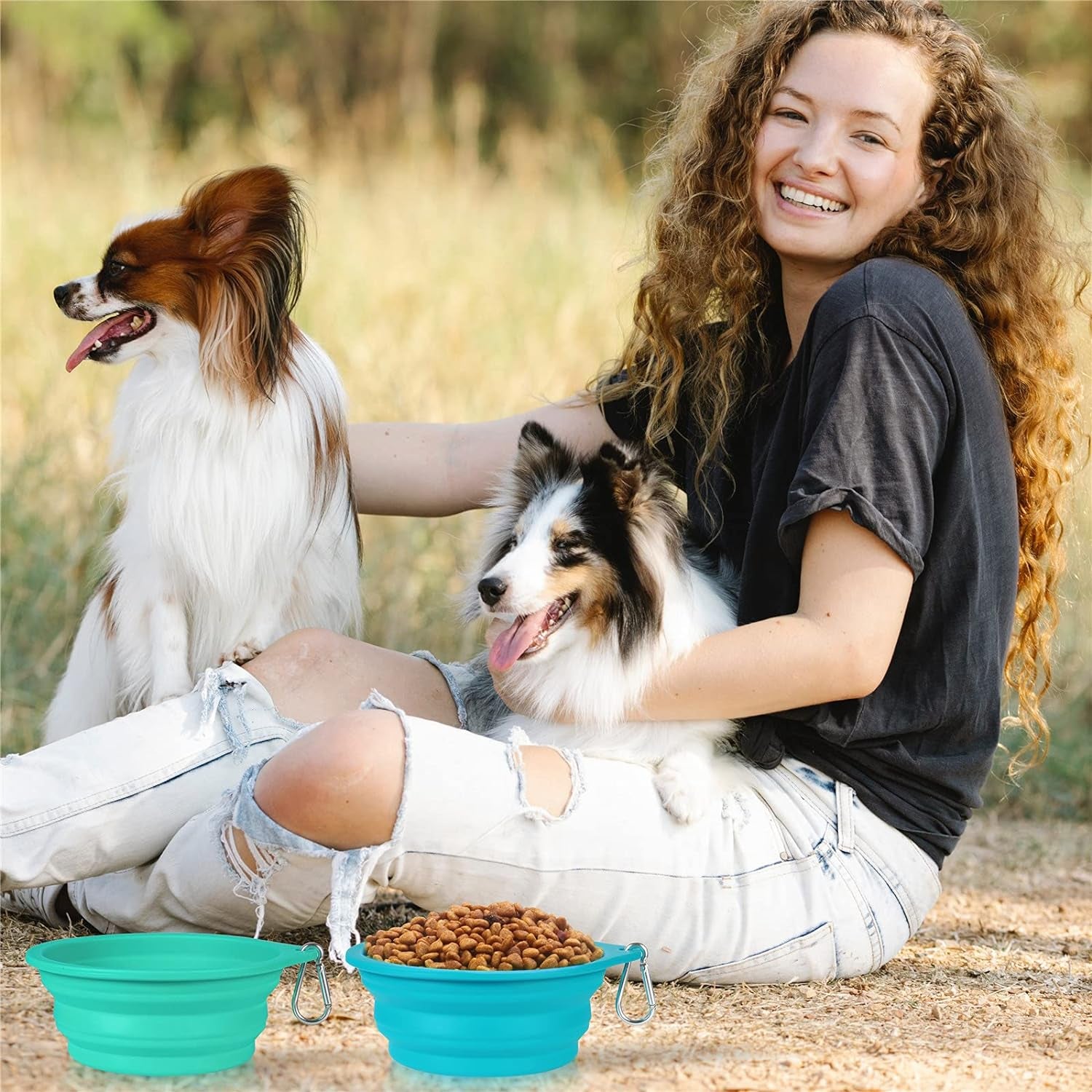 2Pack Collapsible Dog Bowl,Integrated Molding Travel Bowl No Plastic Rim Pet Feeding Bowls for Walking Traveling Outdoors,600Ml (Light Blue+Light Green)