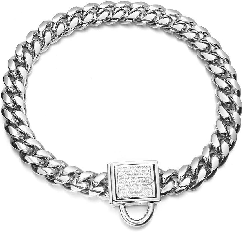 Dog Chain Collar Silver Cuban Link Bling Collar 10Mm Wide Stainless Steel Collar with CZ Diamond Lock Collar for Large Medium Small Dogs (10Mm Silver,10Inch)