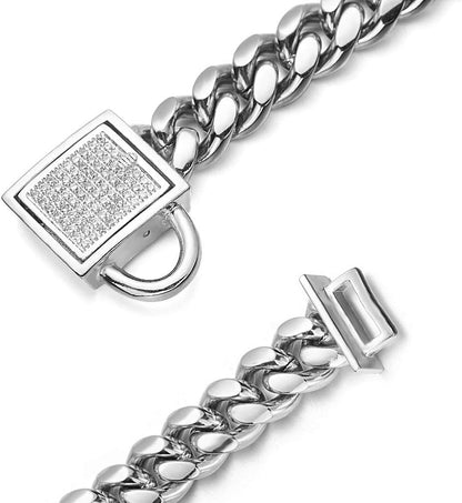 Dog Chain Collar Silver Cuban Link Bling Collar 10Mm Wide Stainless Steel Collar with CZ Diamond Lock Collar for Large Medium Small Dogs (10Mm Silver,10Inch)