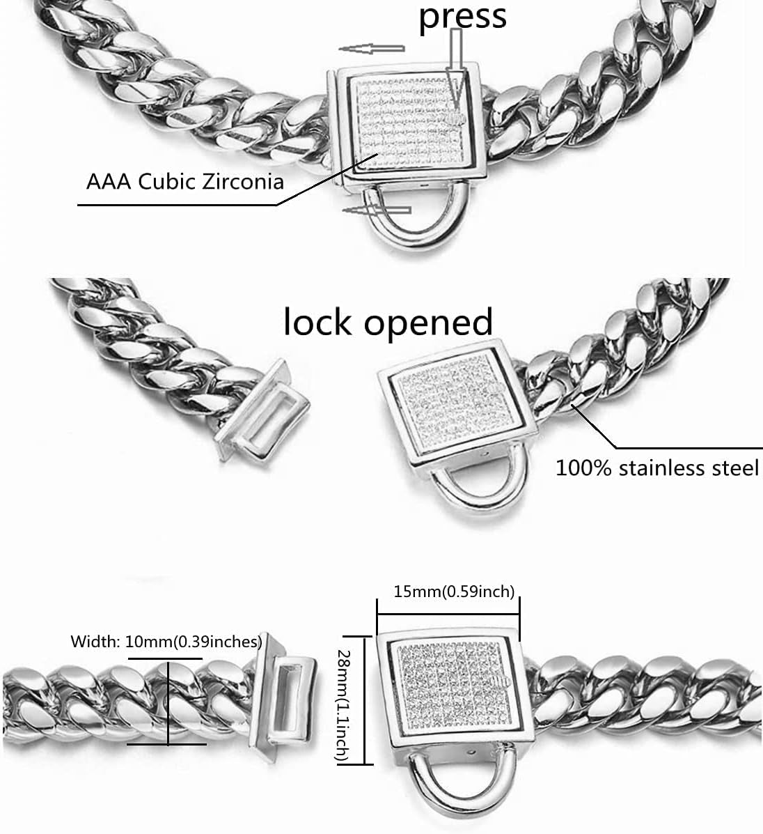 Dog Chain Collar Silver Cuban Link Bling Collar 10Mm Wide Stainless Steel Collar with CZ Diamond Lock Collar for Large Medium Small Dogs (10Mm Silver,10Inch)