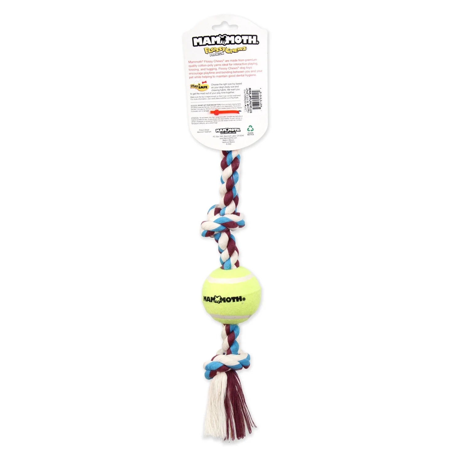 Flossy Chews Cottonblend 3 Knot Tug Rope Dog Toy W 3” Tennis Ball, Medium 20", Asst Colors